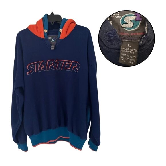 Vintage Starter Men’s L Navy Orange Blue Hoodie Embroidered Logo Pullover - Picture 1 of 4